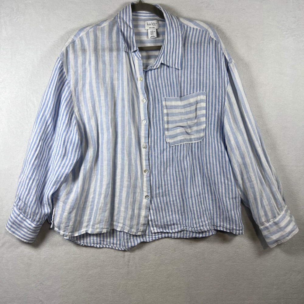 Nicole Miller New York 100% Linen Mixed Stripe Button Down Shirt Blue White XL